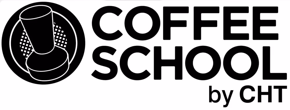 Logo with a coffee tamper and portafilter with the text Coffee School by CHT.