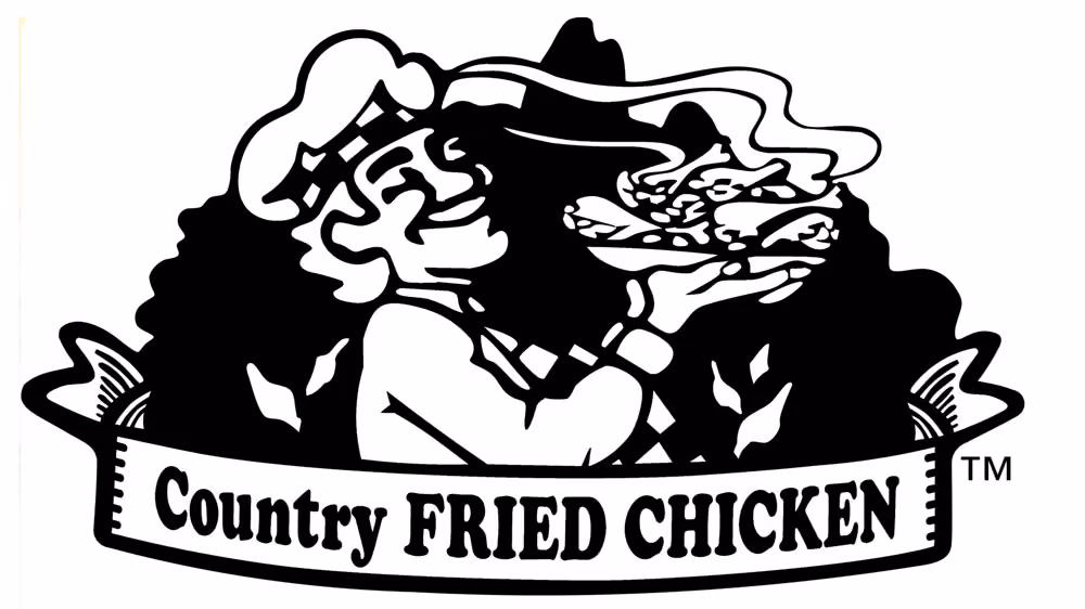 Cartoon chef holding a steaming plate of fried chicken above a banner reading Country Fried Chicken.