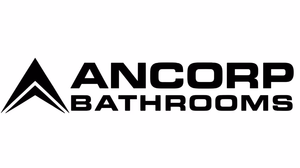 Ancorp Bathrooms logo with a stylized black arrowhead design to the left of the text.