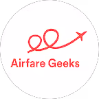 Red line drawing of a looping airplane with Airfare Geeks text below inside a white circle.