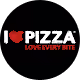 Red heart icon followed by text I love pizza love every bite on black background.