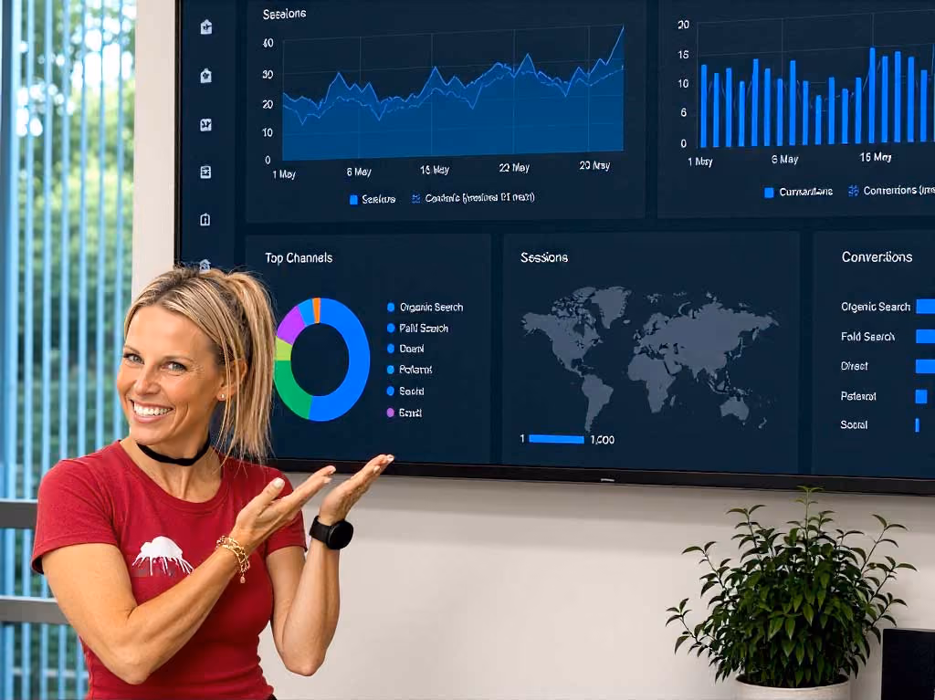 RealClicks team member Megs Hadley points at a large screen displaying analytics charts and graphs.