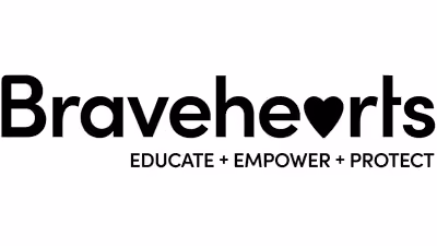 Bravehearts logo with a heart symbol replacing the letter o and tagline Educate + Empower + Protect.
