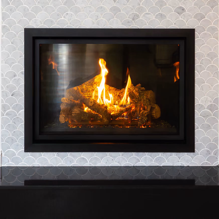 Lopi Fireplace front view image with bright flames in the centre