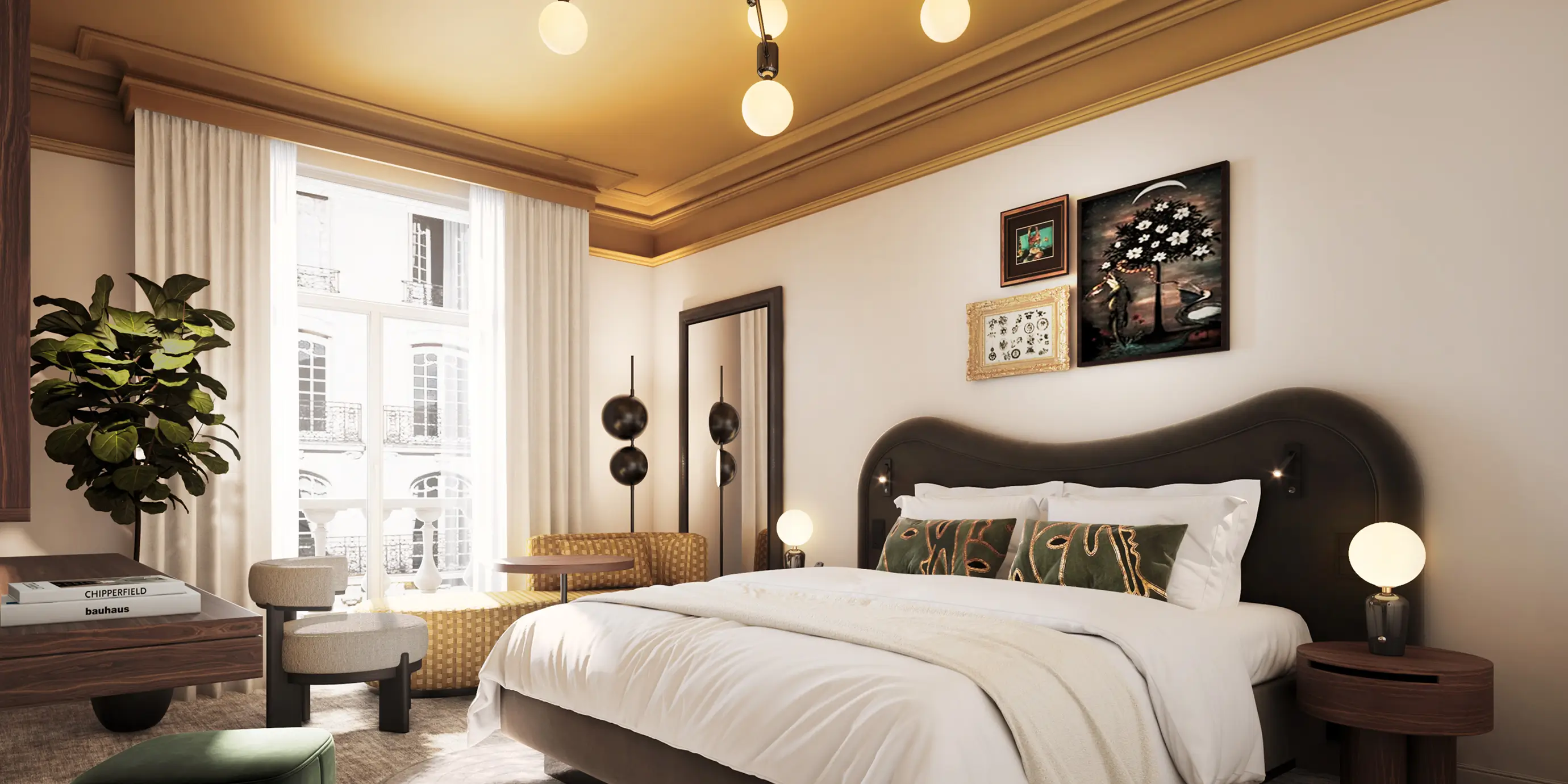 Quarto elegante com cama grande, almofadas verdes, luminária esférica e janela de cortina branca.