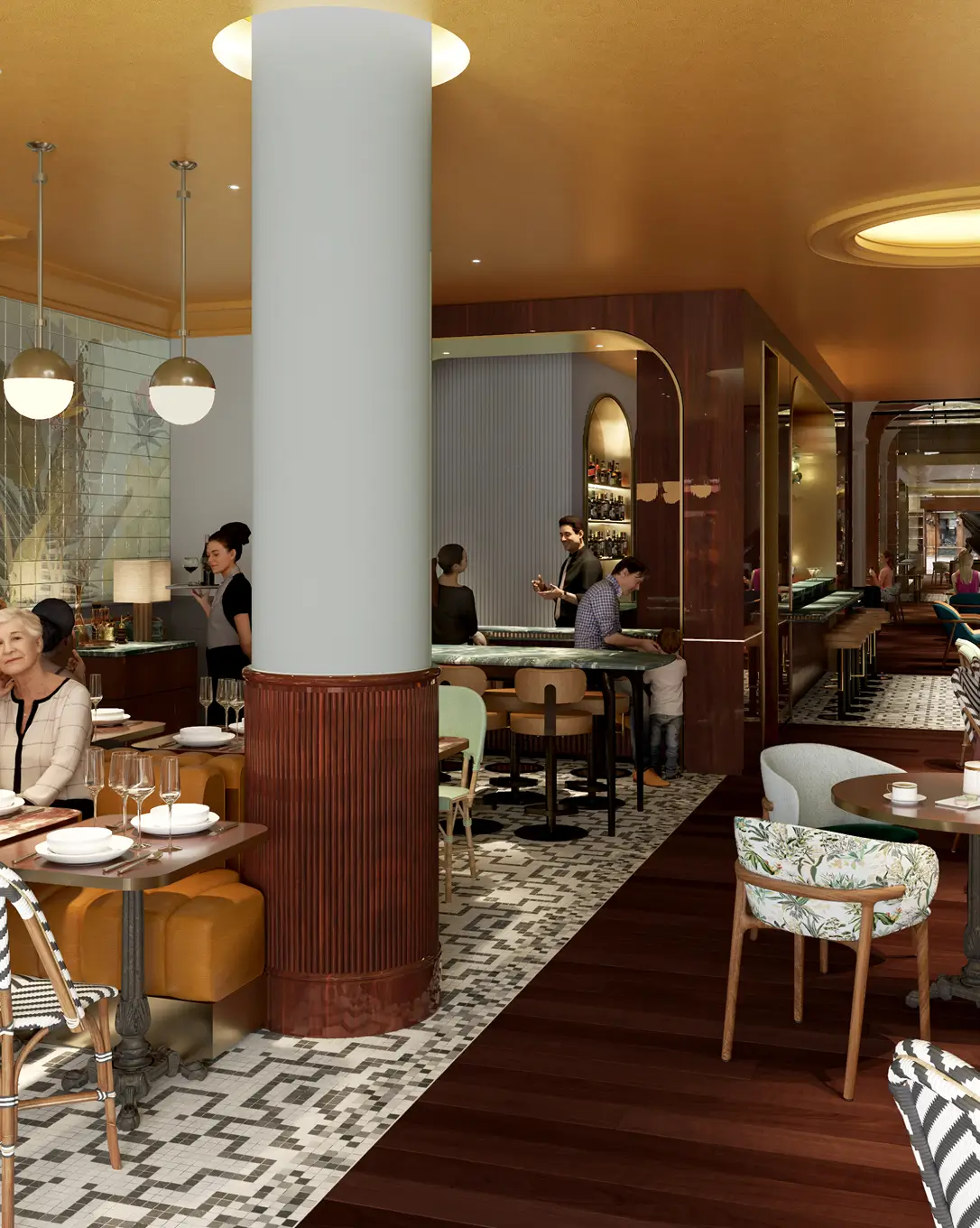 Interior de um restaurante elegante com clientes, garçonete e bar moderno ao fundo.
