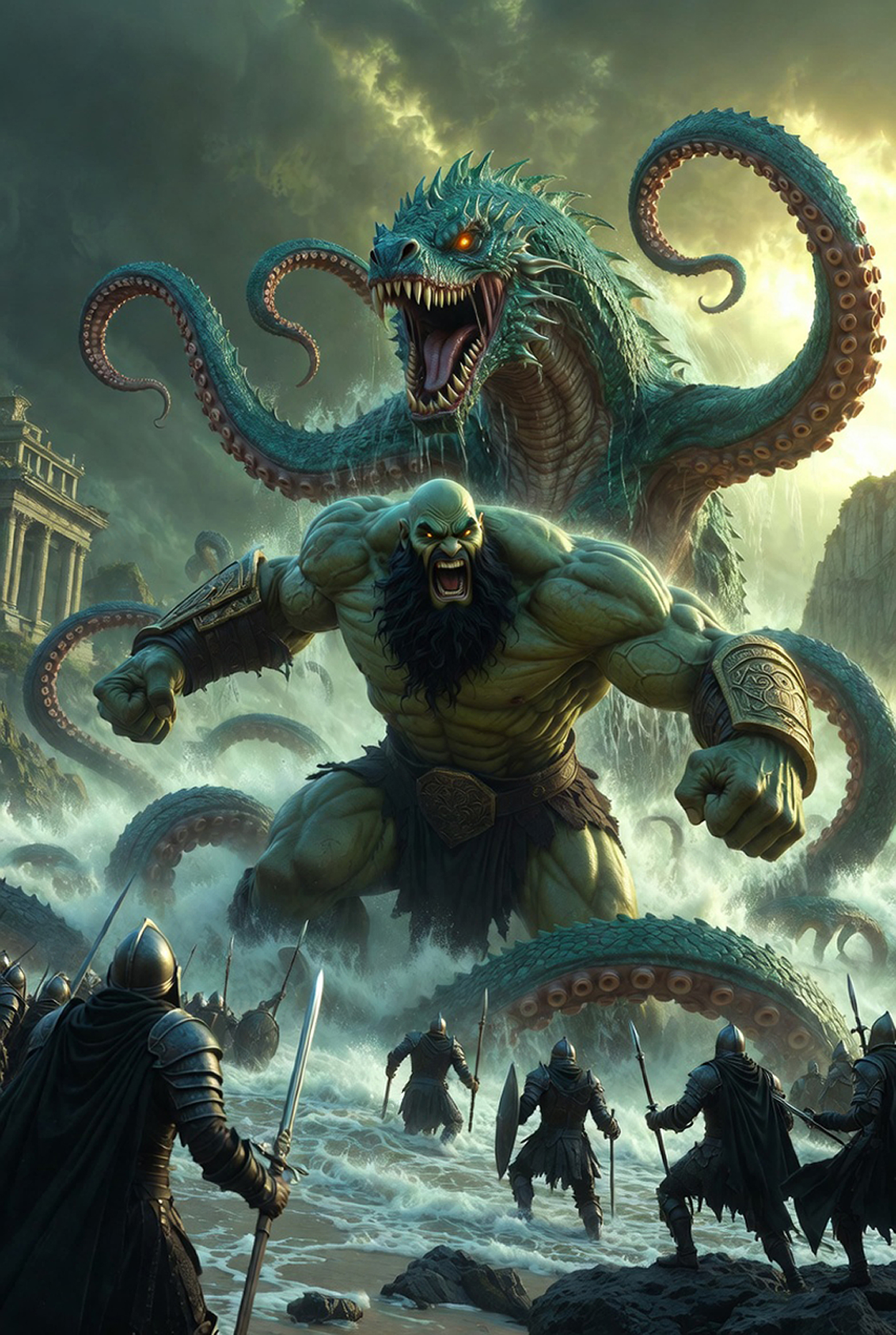 Massive sea creature attacking warriors in the dark fantasy world of Vidoq from Hex Ferrum.
