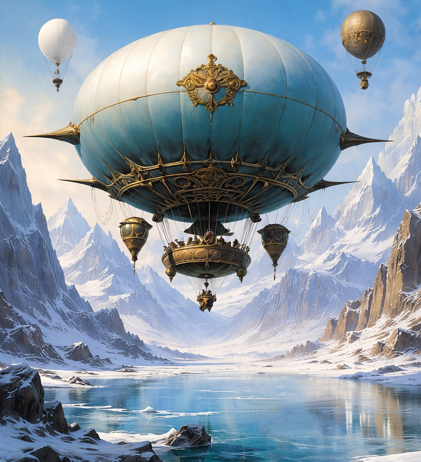 A great airship crossing the frozen mountains of Vidoq in the world of Hex Ferrum.