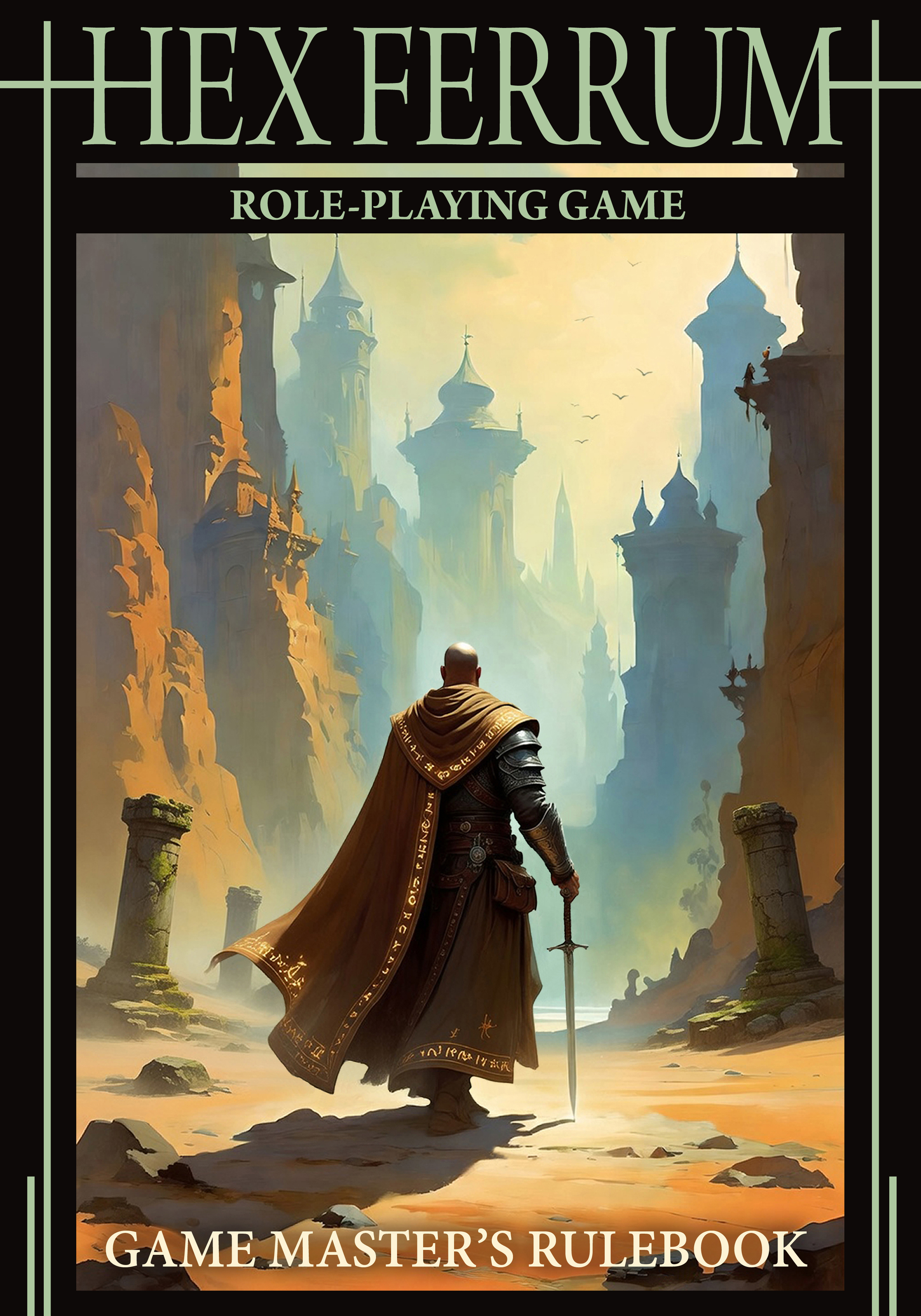 Hex Ferrum Game Master's Rulebook cover featuring a cloaked traveller entering ancient ruins.