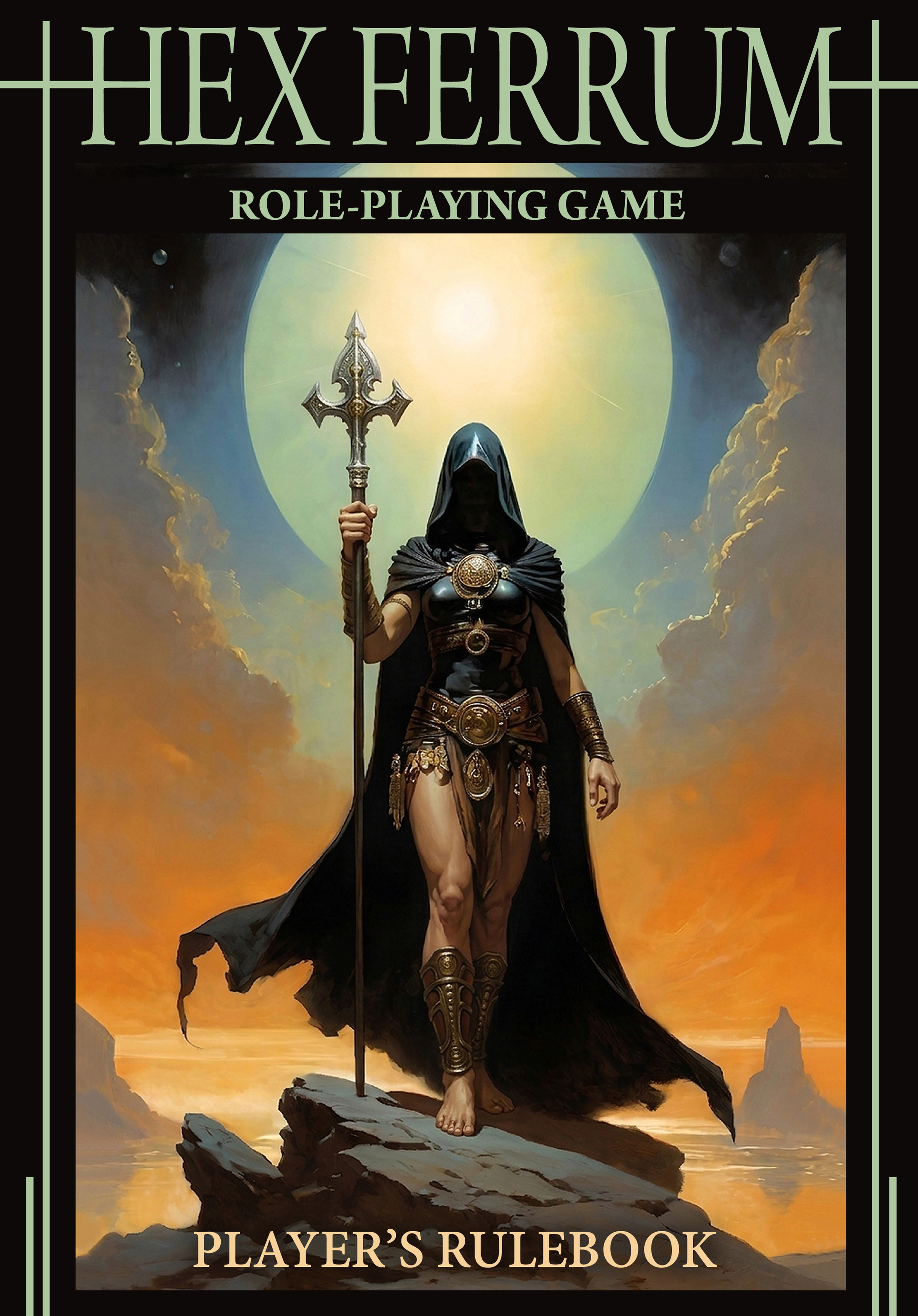 Hex Ferrum Player's Rulebook cover featuring a hooded warrior beneath a radiant moon sun.