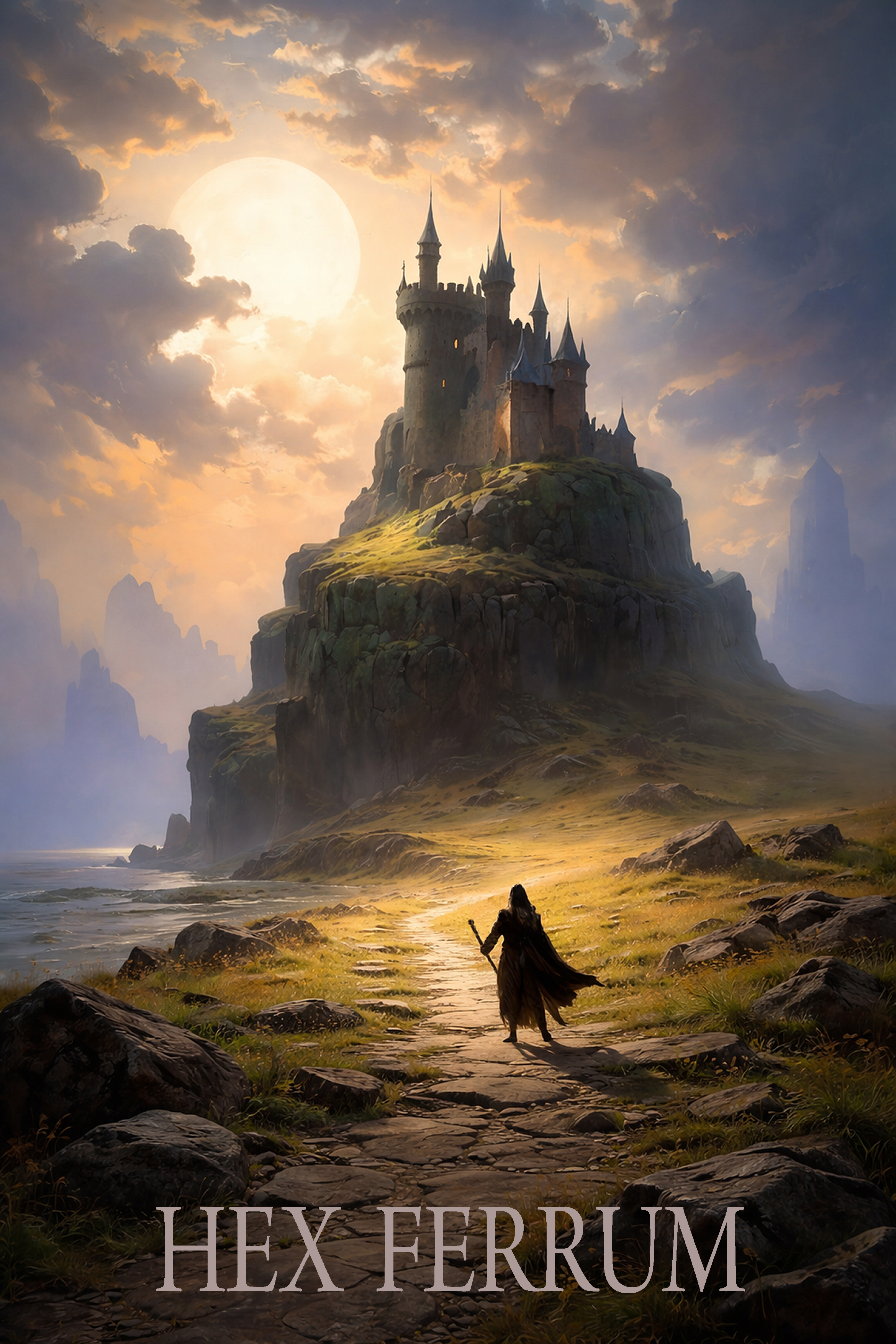 Traveller approaching a fortress on a rocky hill in the world of Vidoq.