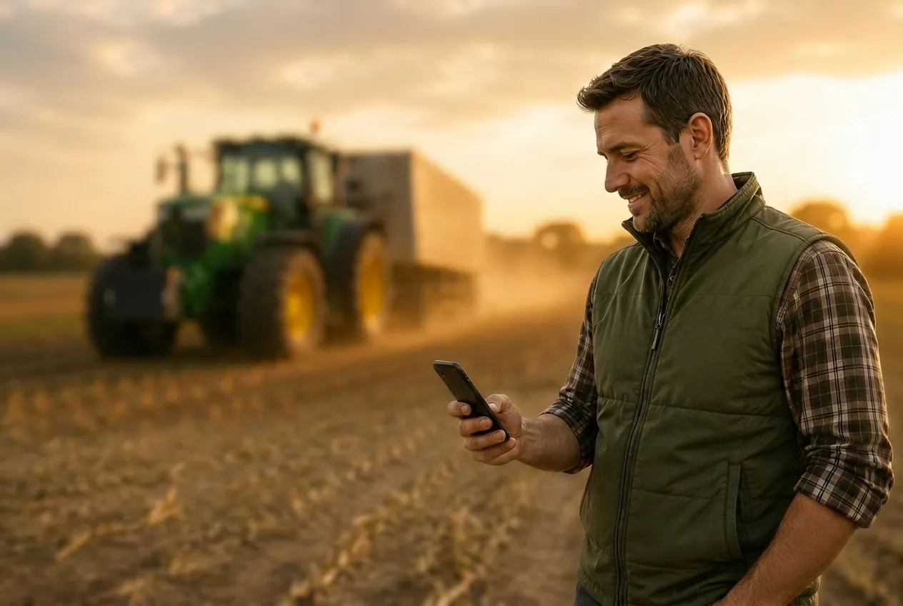 Mann mit Weste benutzt Handy auf Feld mit landwirtschaftlichem Traktor im Sonnenuntergang.