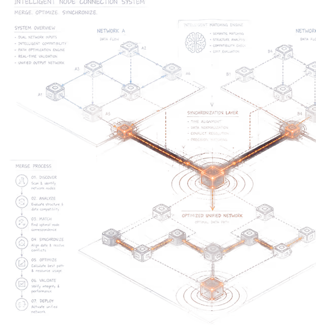 Schéma du système de connexion de nœuds intelligents avec processus de fusion et réseau unifié optimisé.