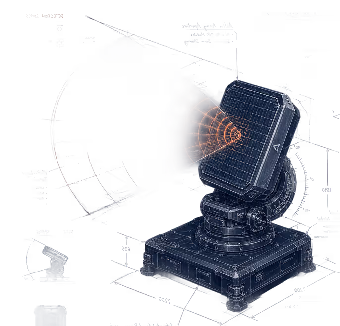 Modèle 3D technique d'un système radar montrant l'orientation et la zone de détection.