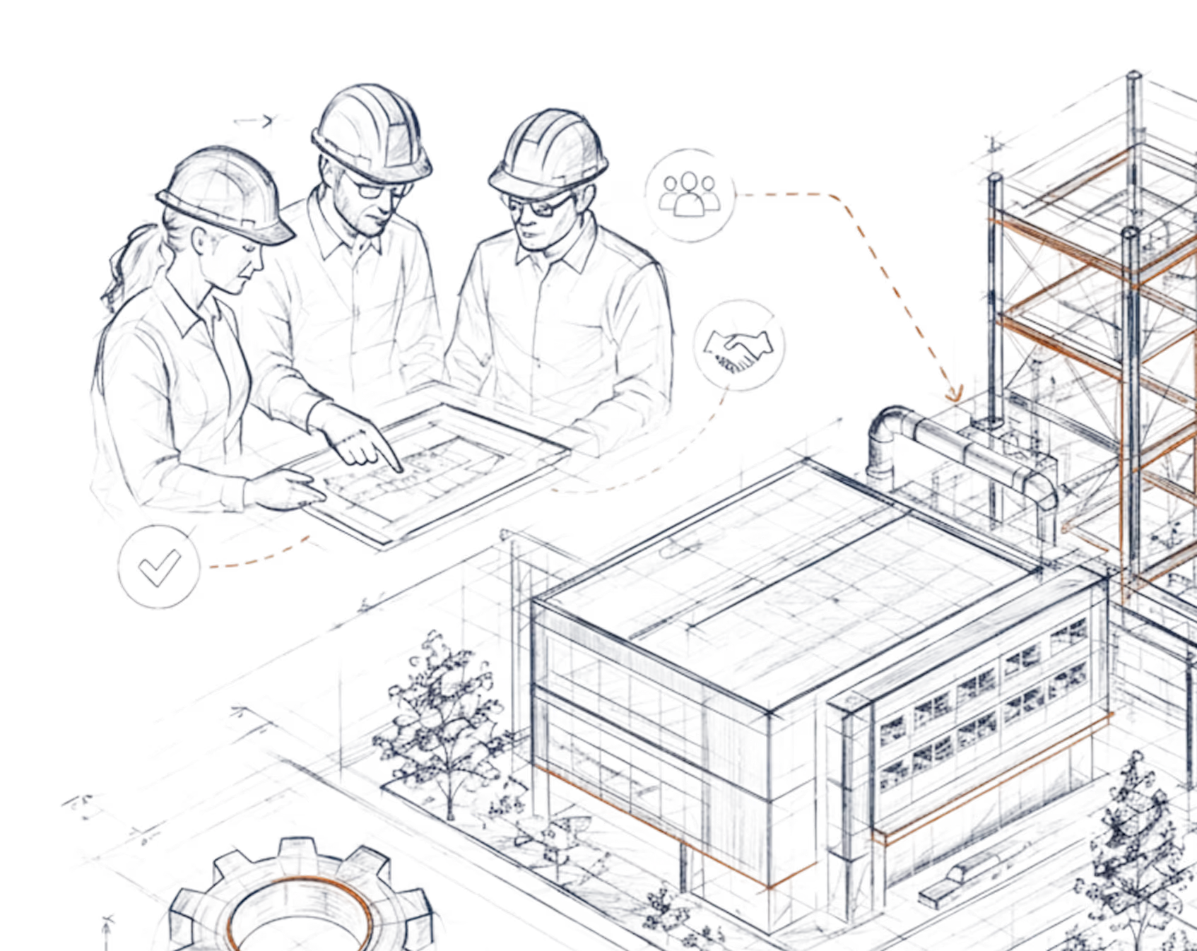 Schéma technique d'un bâtiment industriel avec des ouvriers planifiant sur une tablette à gauche.