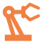 Illustration orange d'un robot industriel avec bras articulé et pince sur fond noir.