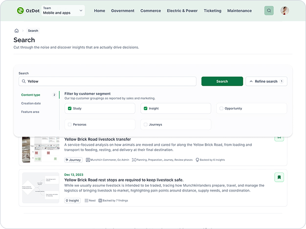 UI screenshot showing showcase search page with filters selected