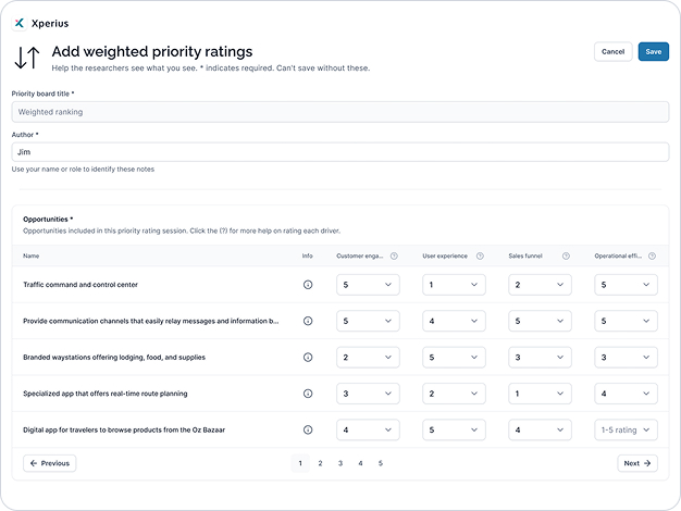 UI screenshot of weighted scorecard prioritization workshop