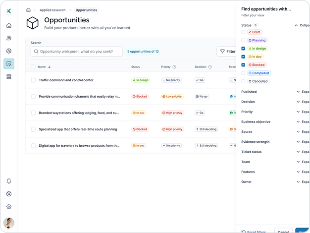 UI screenshot showing the Opportunities Tracking listing and filters