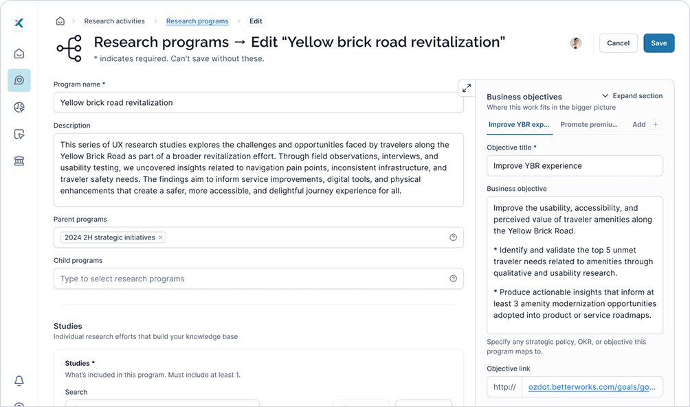 Xperius UI showing research programs grouping studies under a strategic initiative