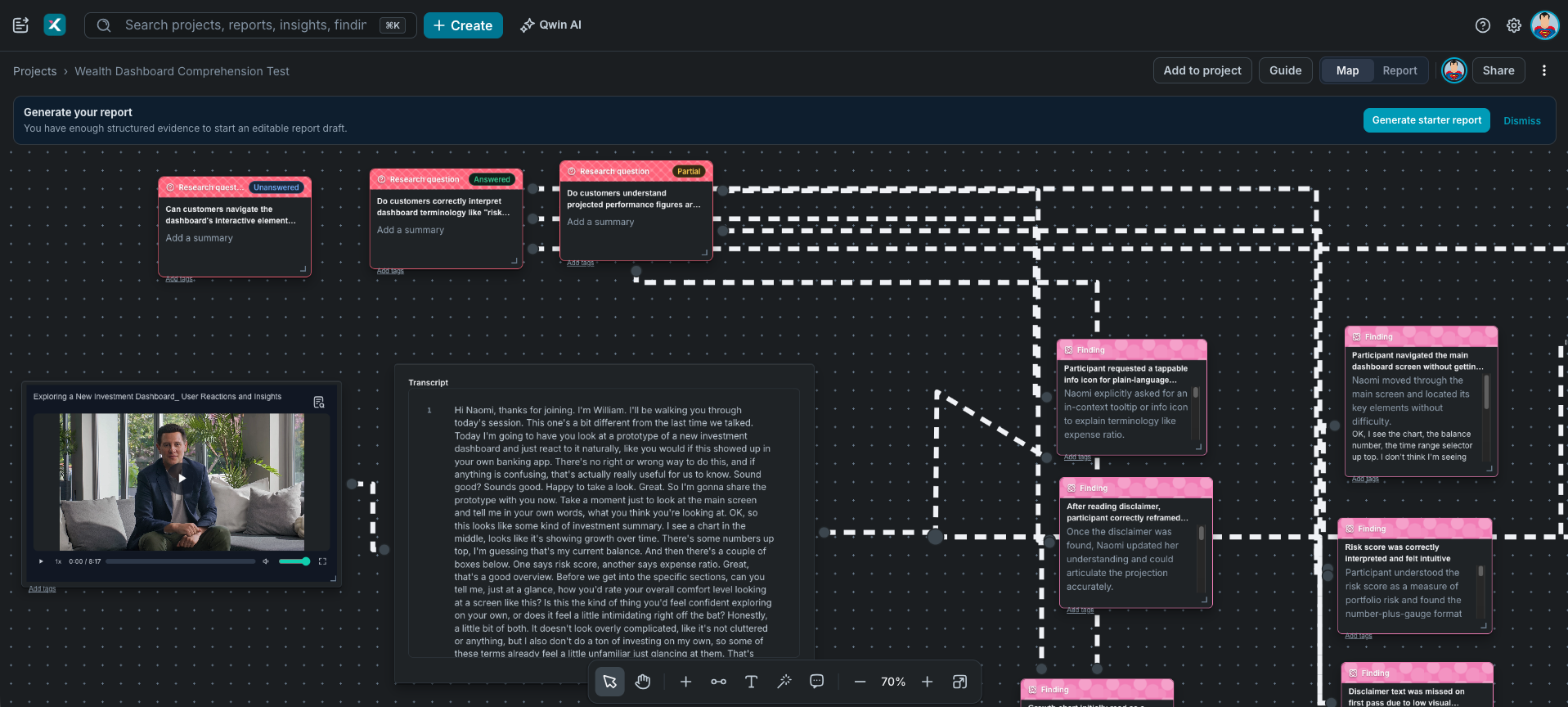 Xperius platform UI of evidence map with source connected to findings and questions they support. A prompt asks if you would like to build a report from the map.