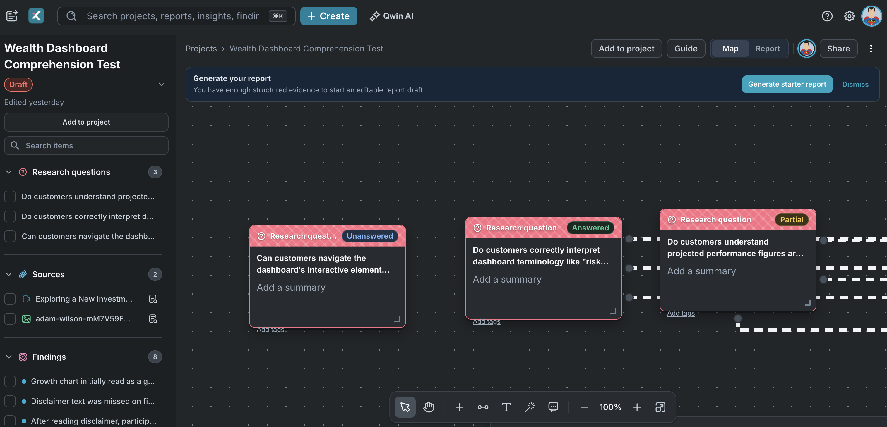 Xperius platform UI showing research questions in three different statuses.