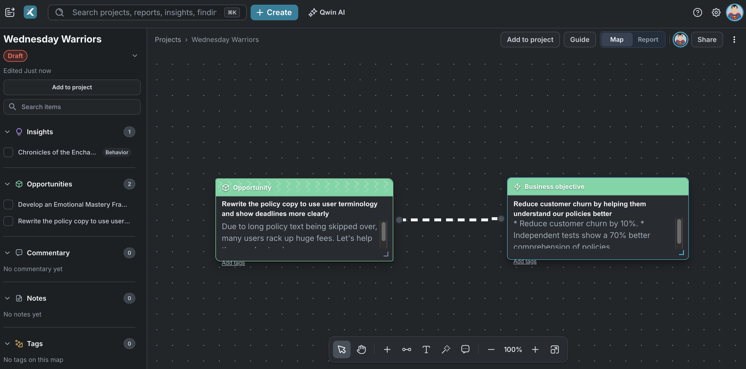 Xperius platform UI showing an opportunity linked to the business objective it supports.