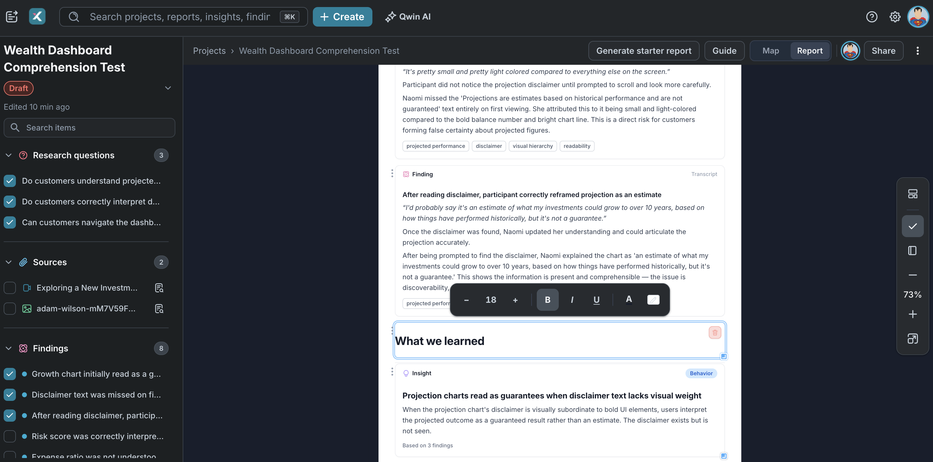 Xperius platform UI with starter report builder showing key findings and a section titled what we learned with the main insight listed on the report.