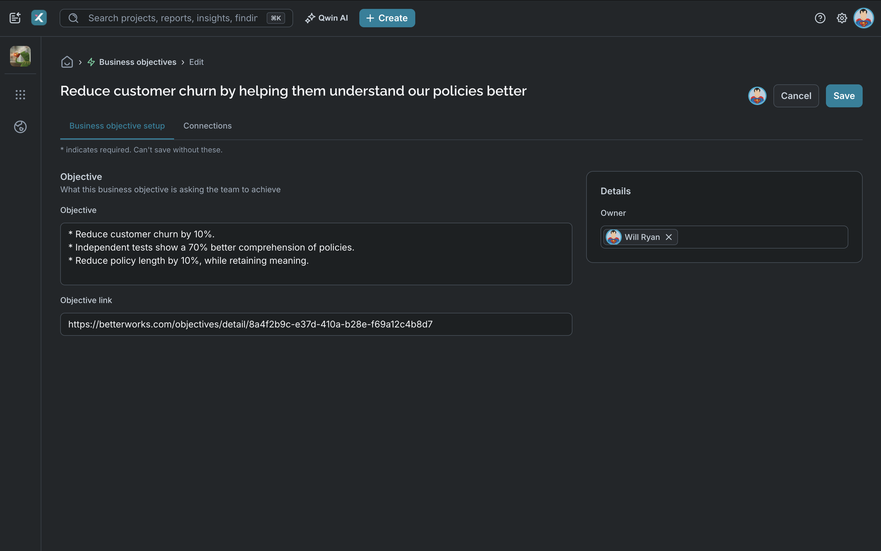 Xperius platform UI with business objective defined in OKR style with a link to a Betterworks platform listing.