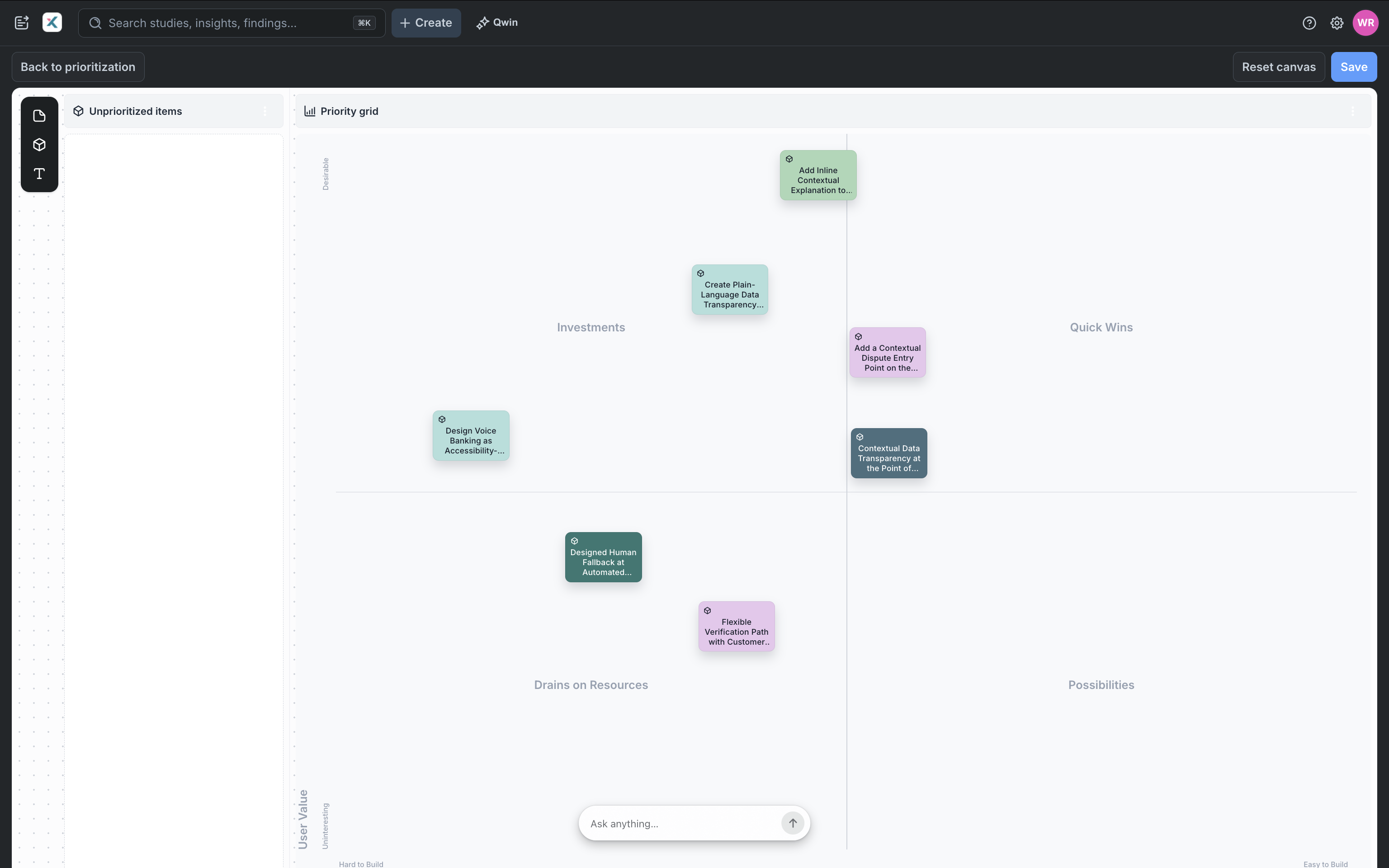 Xperius platform UI with prioritization of opportunities across user value and technical feasibility criteria.