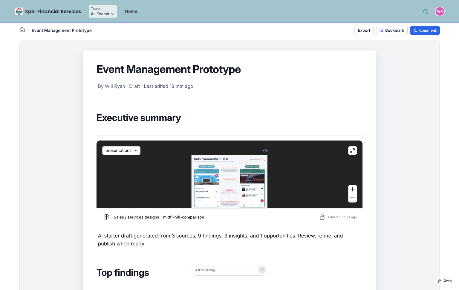 Xperius showcase UI with a published report including top findings and a Figma file link.