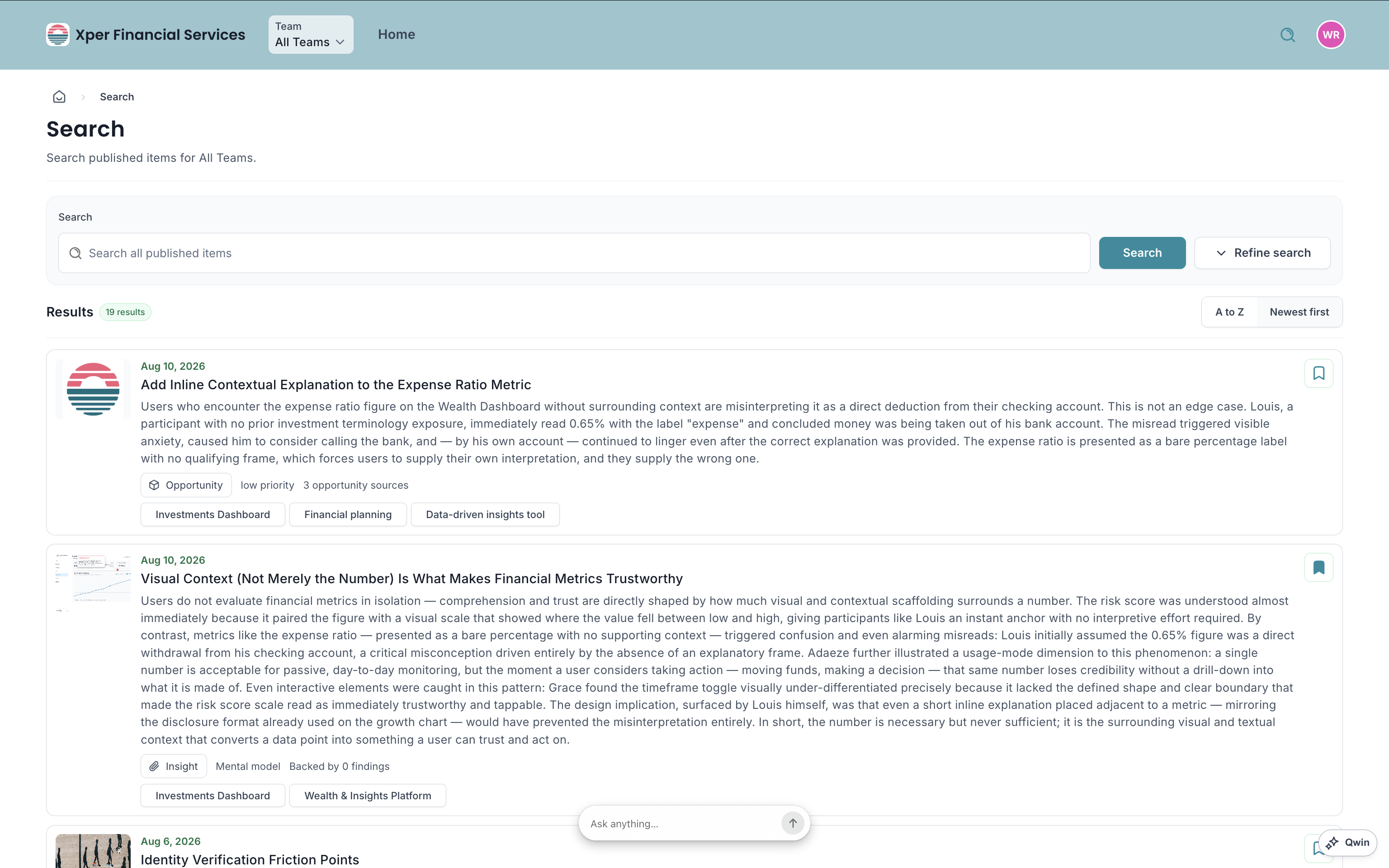 Xperius showcase UI with a search listing of reports.