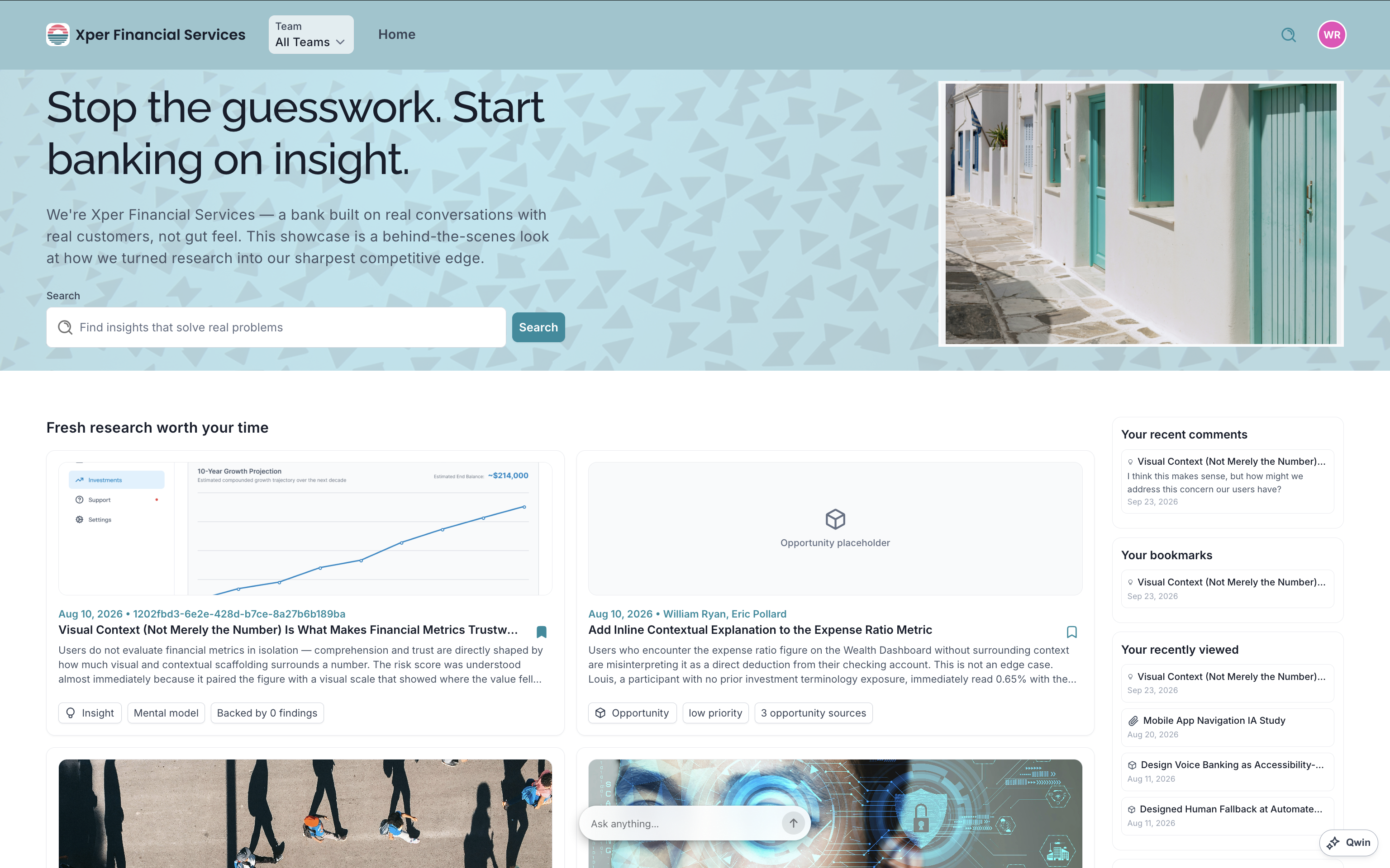 Xperius showcase UI landing page showing all published research items as well as some recently viewed and engaged reports.