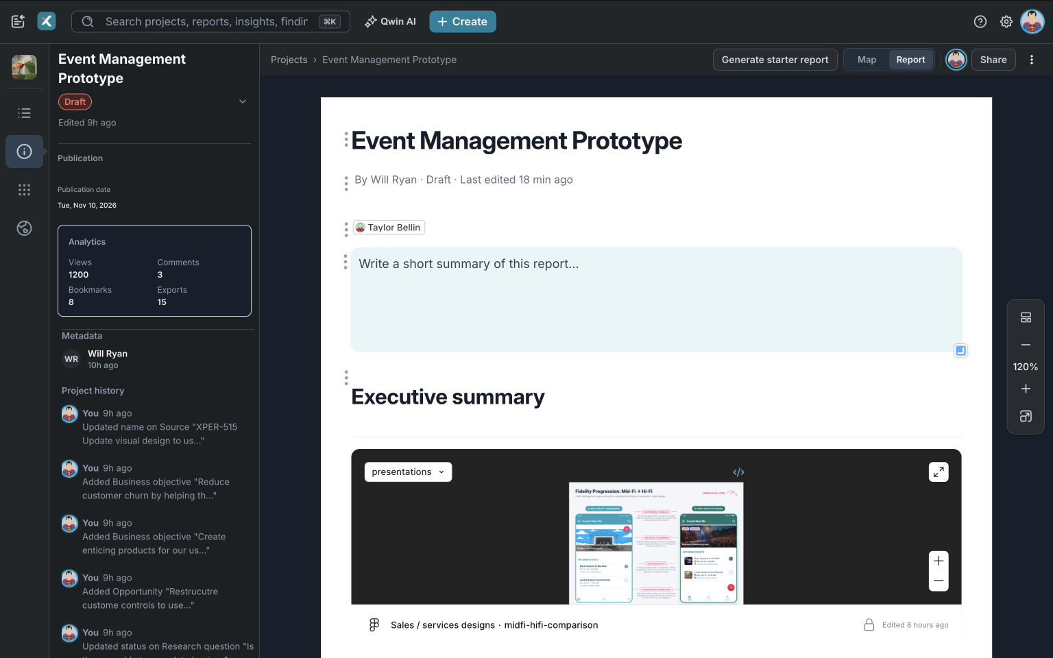Xperius platform UI with analytics for a published report aggregated from showcase.