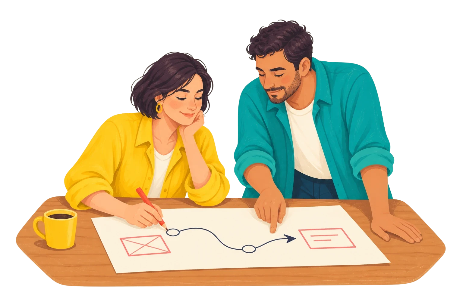 Två personer planerar innehåll och struktur för en webbplats.