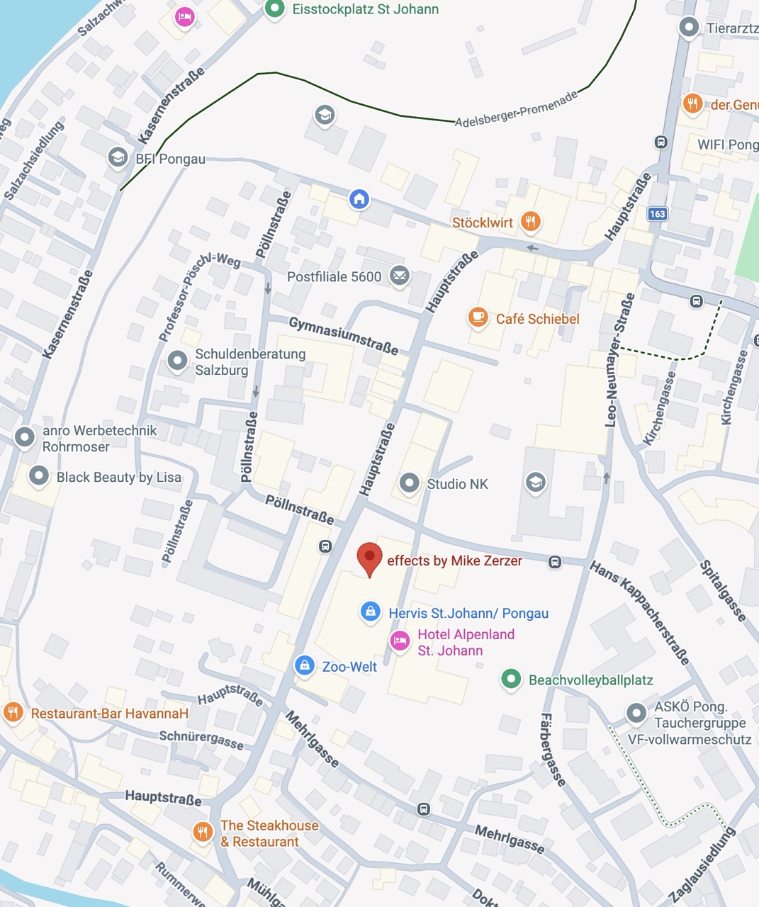 Kartenausschnitt vom Zentrum St. Johanns mit Markierung des Friseur Salons von Mike Zerzer