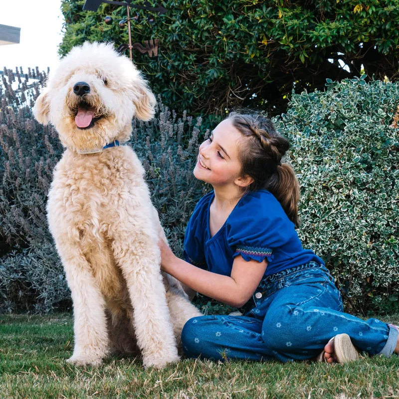 Dog and kid in yard