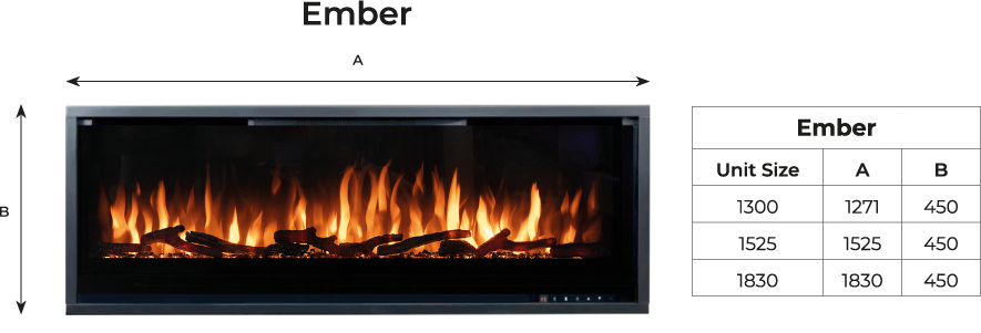 Electric Ember fireplace with a table showing unit size and dimensions labeled A and B.