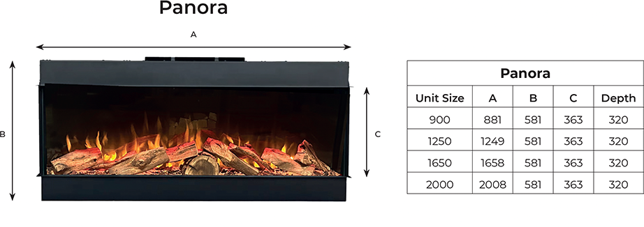 Electric fireplace Panora with dimensions labeled A, B, C & Depth and a size chart listing measurements.