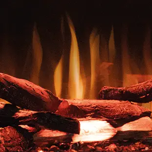 Glowing orange flames burning on dark wood logs in a fire.