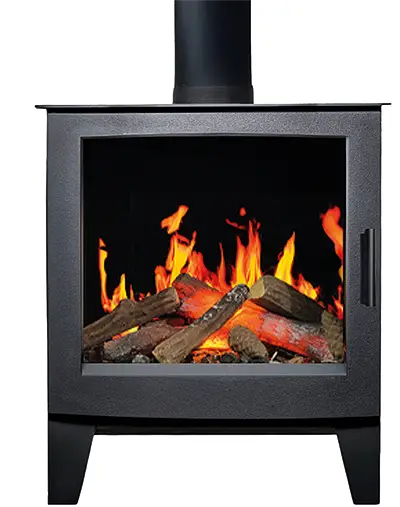 Black metal wood stove with bright orange flames burning glowing logs inside.