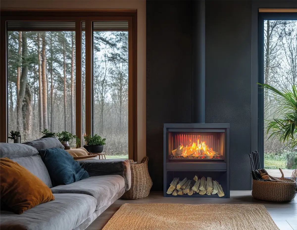 Cozy living room with a gray sofa, a lit fireplace, and large windows showing a forest outside.