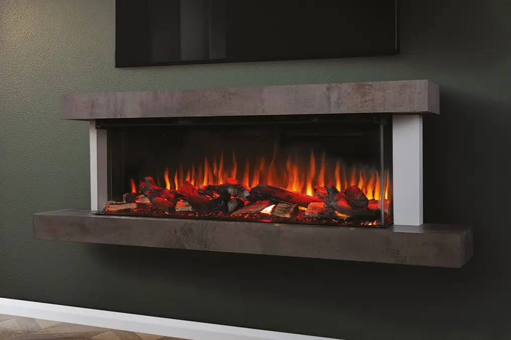 Modern wall-mounted electric fireplace with realistic glowing logs and flames in a dark room.