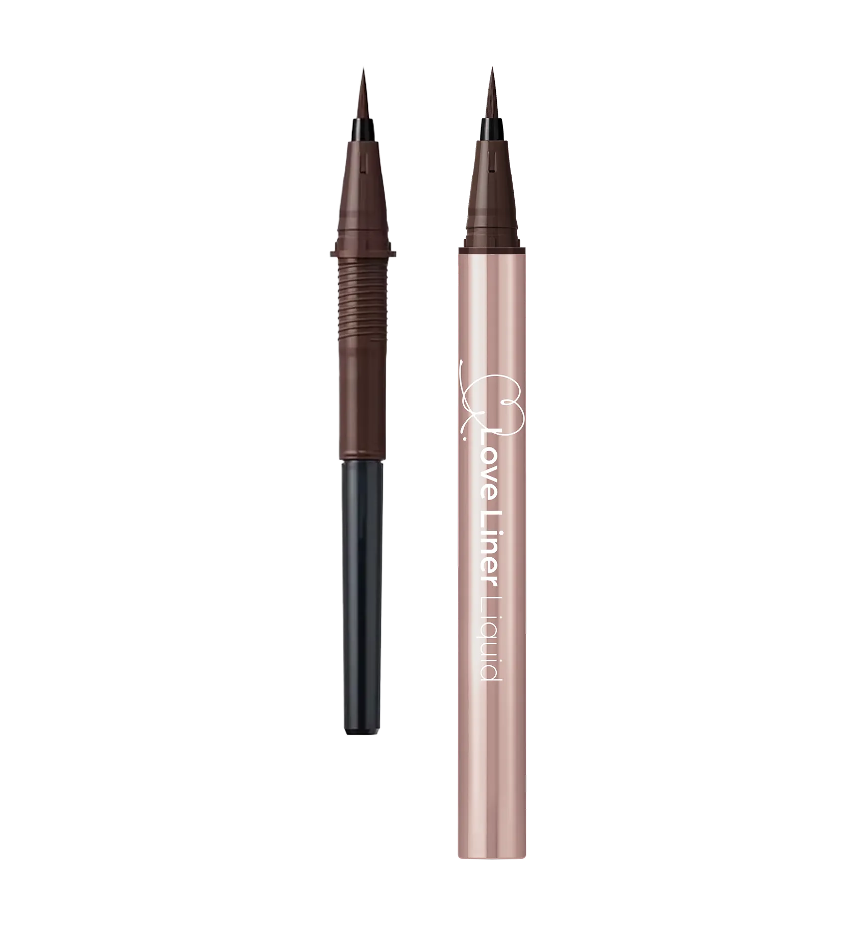 Two brown liquid eyeliners, both with cap removed showing fine brush tip. There is a full pen and the Refill one