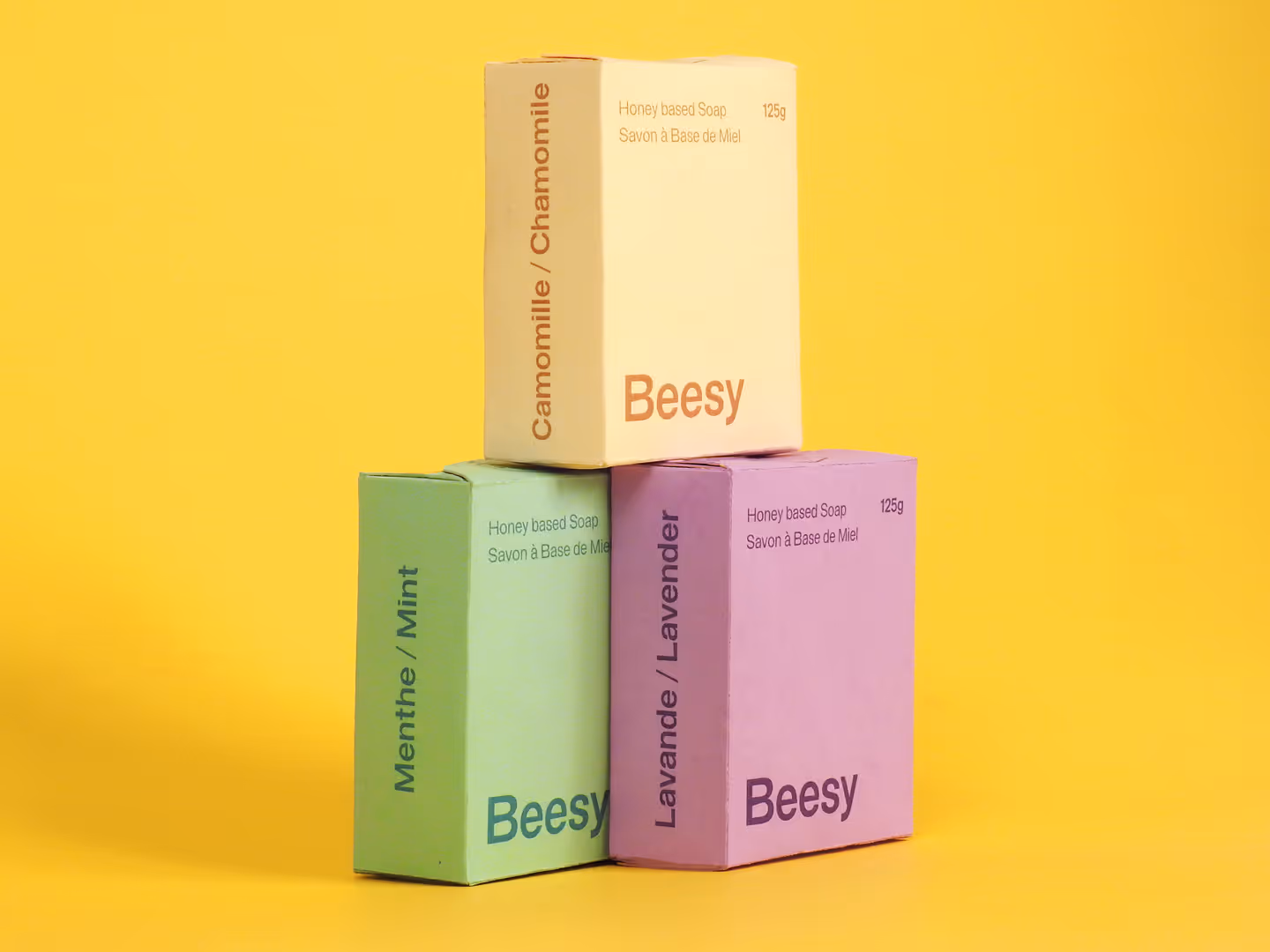 3 beesy soap packaging stacked, chamomile, lavender and mint