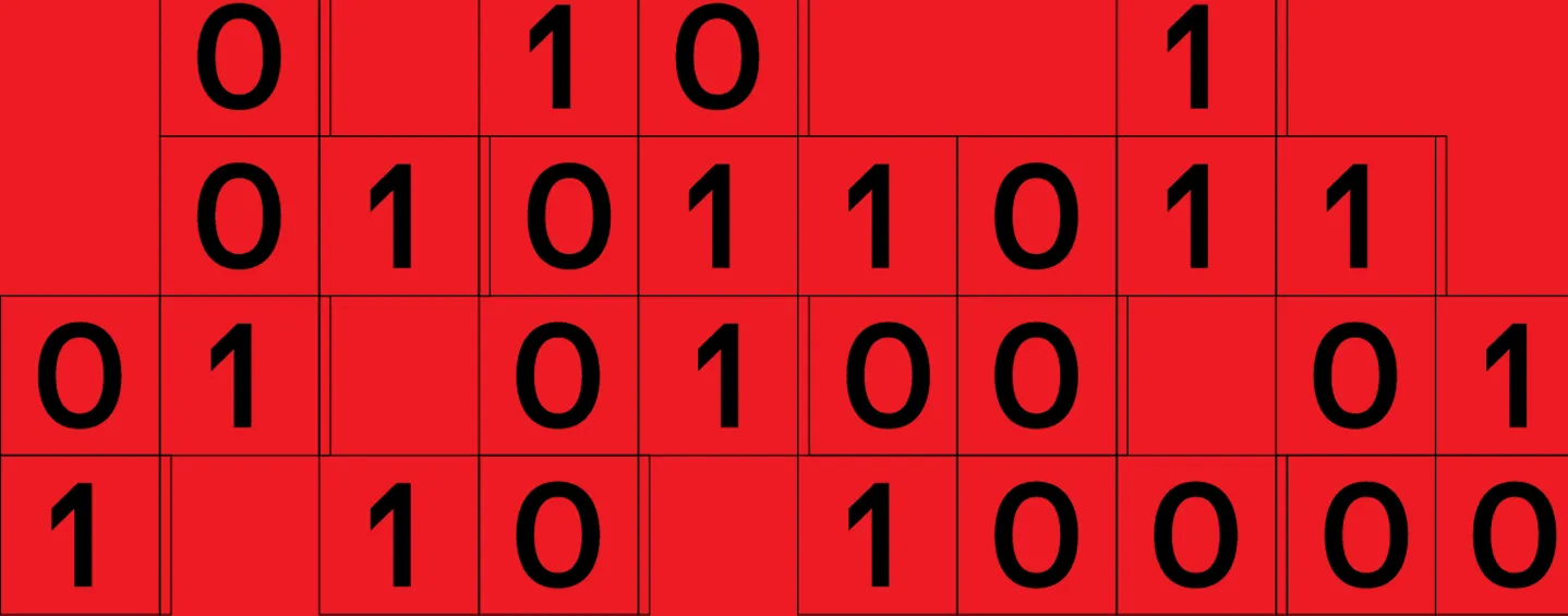01 binary code vector on red background.