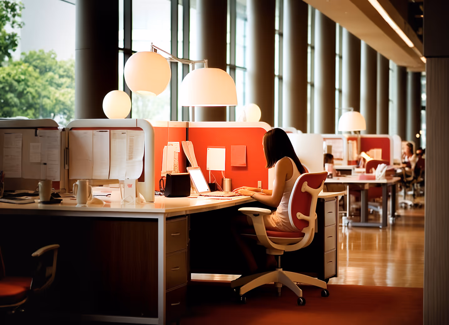 Person working on a laptop at a desk in a modern, well-lit office with red dividers and large windows.