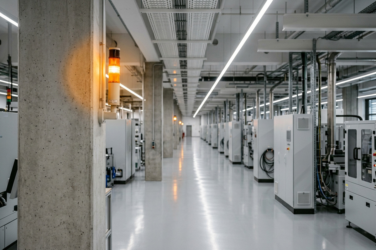 Corredor de fábrica com sinalizador luminoso industrial âmbar aceso em coluna