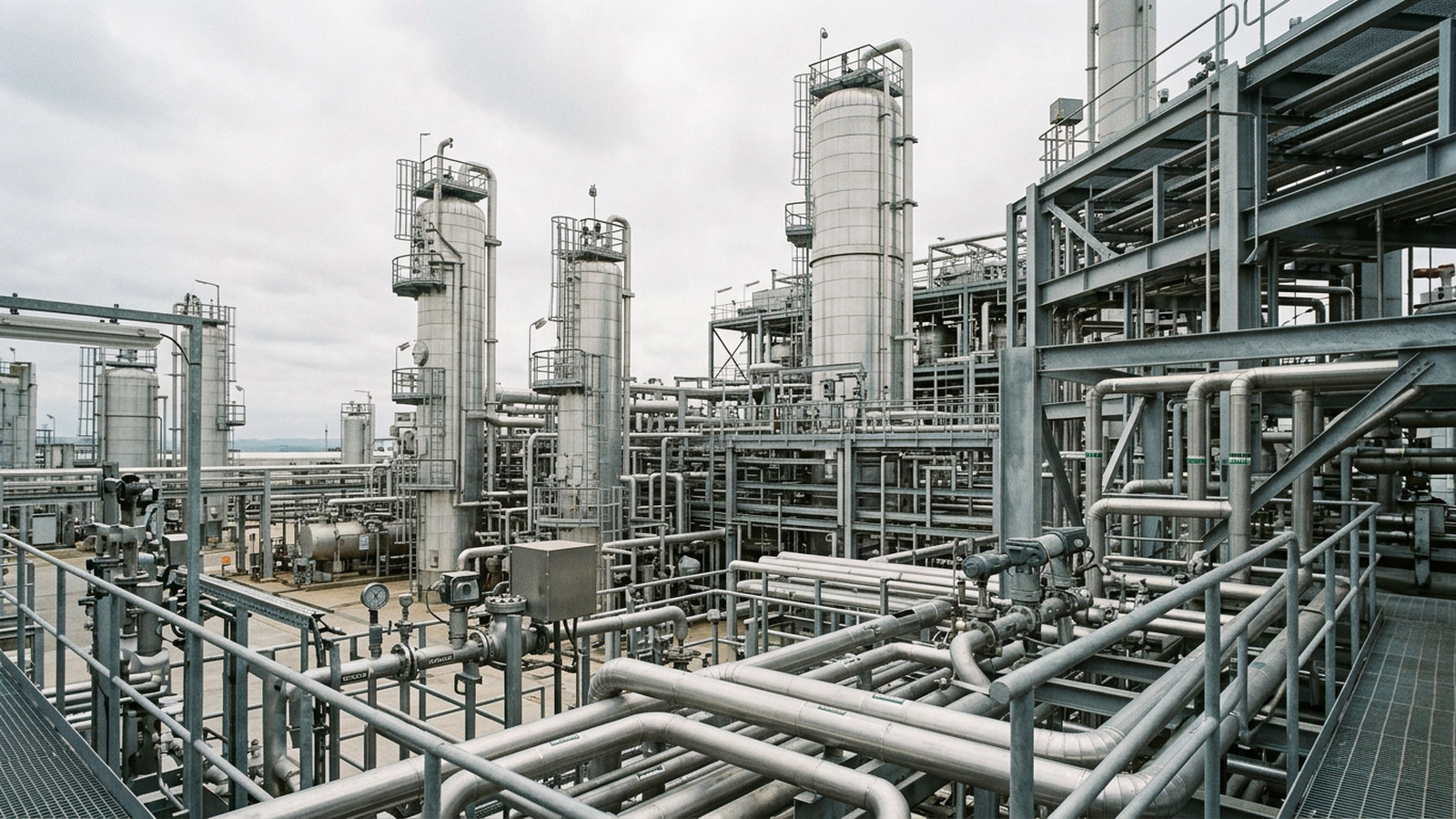 Área industrial classificada com tubulações e tanques de aço inoxidável