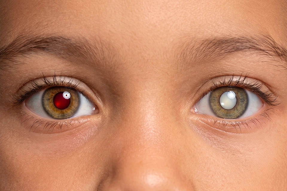 Infográfico comparativo mostrando um olho com cristalino opaco (catarata) e um olho com lente intraocular implantada recuperando a visão